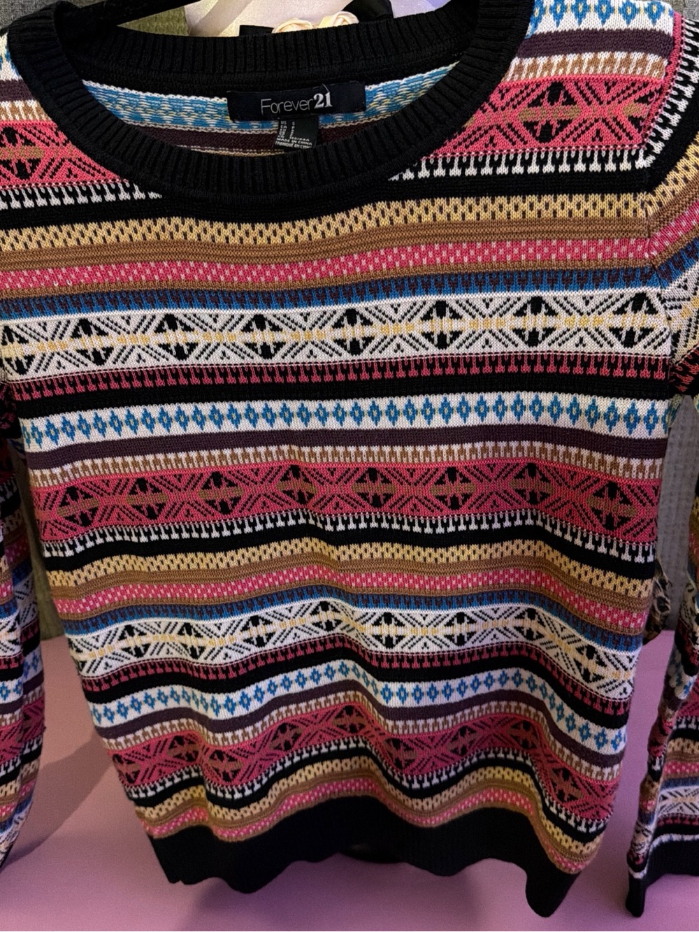 Forever 21 Multicolor Fair Isle Crewneck Sweater - Pink, Blue, Black, Cream, Tan